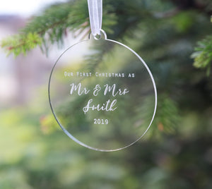 
                  
                    Personalised First Christmas as Mr and Mrs Decoration - Clear Acrylic
                  
                