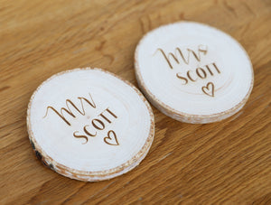 
                  
                    Personalised Wooden Log Slice Mr and Mrs Coasters
                  
                