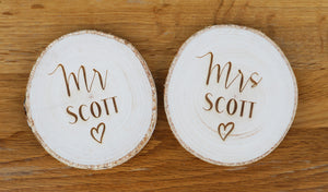 
                  
                    Personalised Wooden Log Slice Mr and Mrs Coasters
                  
                