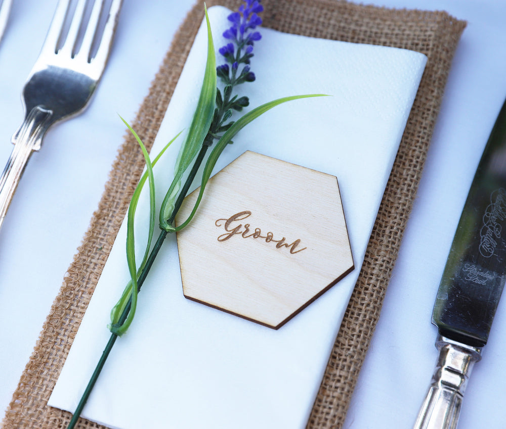 
                  
                    Personalised Hexagonal Wedding Place Setting - Wooden
                  
                