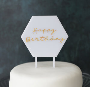 
                  
                    Happy Birthday Hexagonal Cake Topper - White Acrylic
                  
                