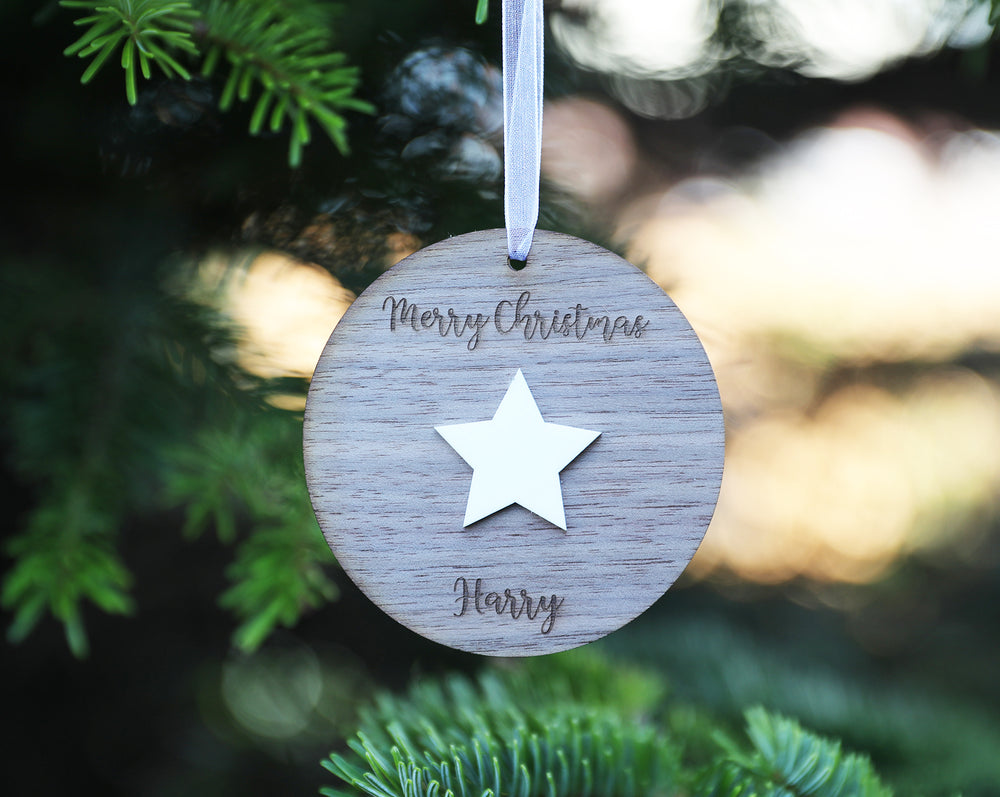 
                  
                    Personalised Name Christmas Decoration - Dark Wood with White Acrylic
                  
                