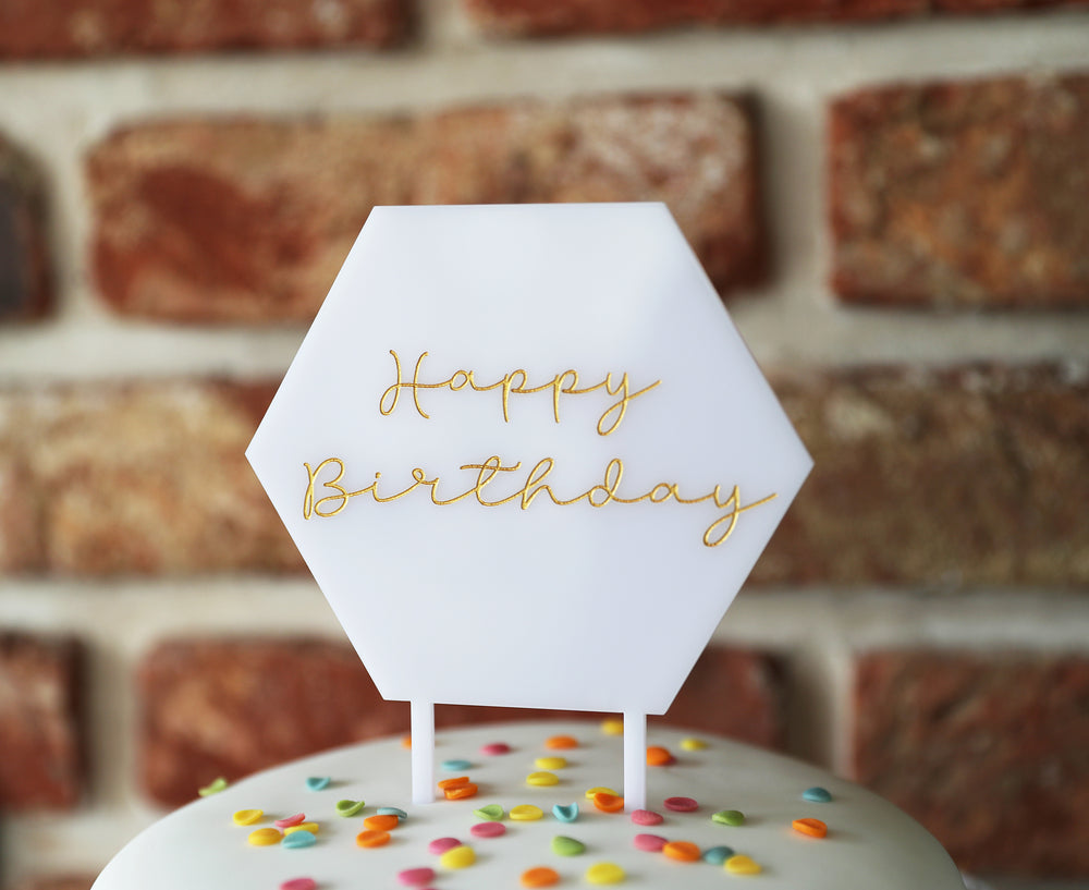 
                  
                    Happy Birthday Hexagonal Cake Topper - White Acrylic
                  
                