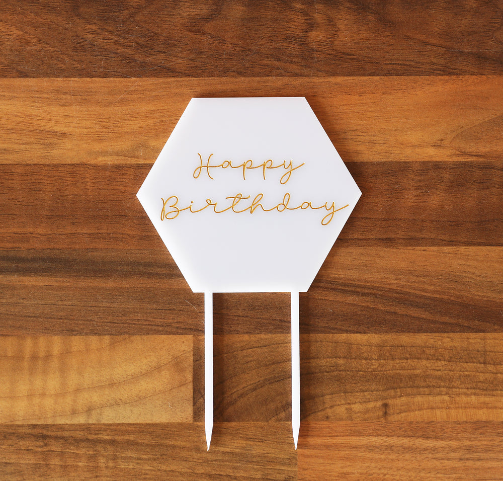 
                  
                    Happy Birthday Hexagonal Cake Topper - White Acrylic
                  
                