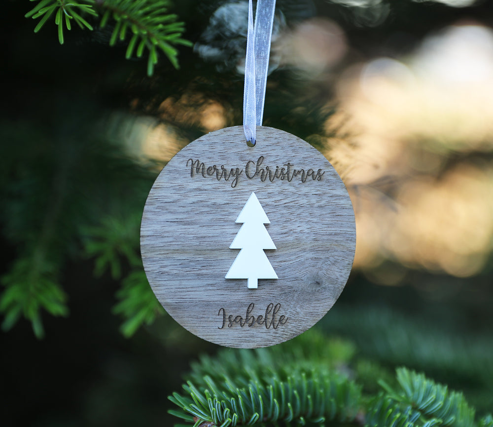 
                  
                    Personalised Merry Christmas Decoration - Dark Wood with White Acrylic
                  
                