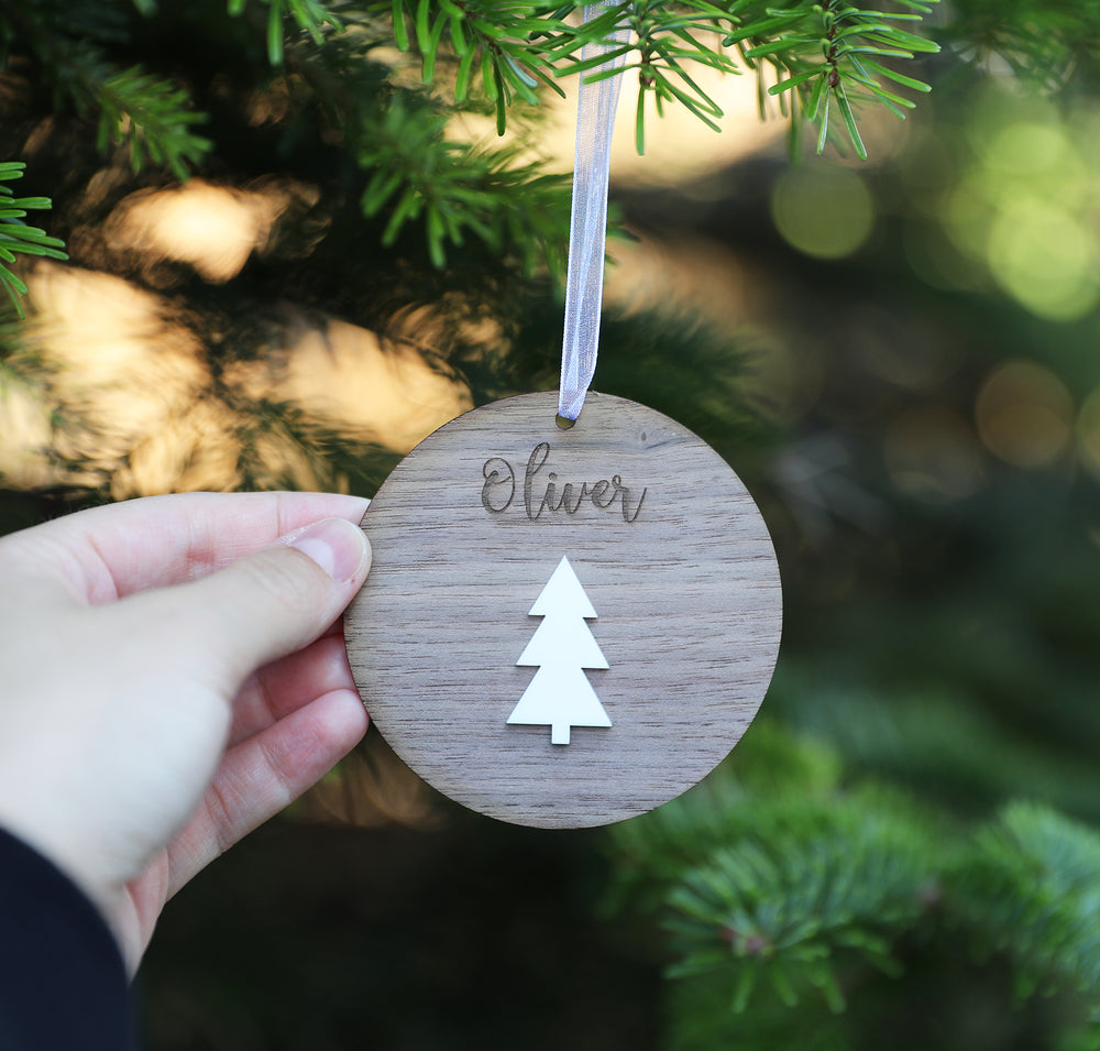 
                  
                    Personalised Name Christmas Decoration - Dark Wood with White Acrylic
                  
                