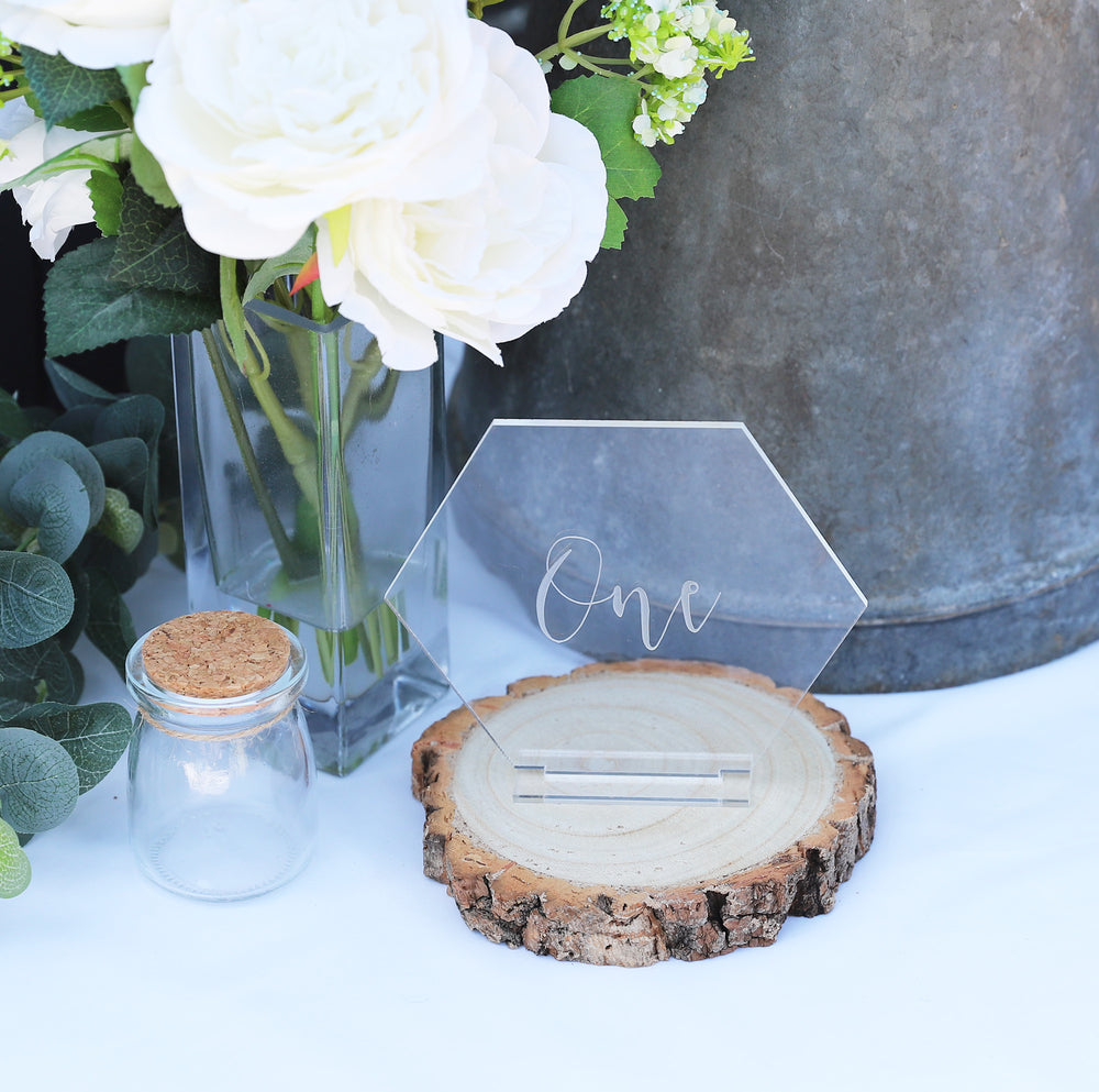 
                  
                    Hexagonal Wedding Table Numbers - Clear Acrylic
                  
                