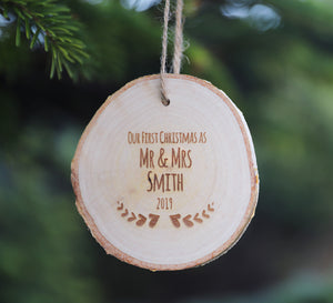 
                  
                    Personalised First Christmas Mr and Mrs Decoration - Wooden Log Slice
                  
                