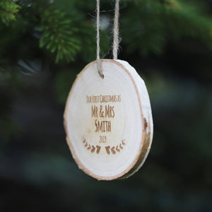 
                  
                    Personalised First Christmas Mr and Mrs Decoration - Wooden Log Slice
                  
                