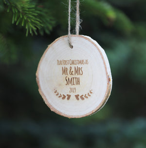 
                  
                    Personalised First Christmas Mr and Mrs Decoration - Wooden Log Slice
                  
                