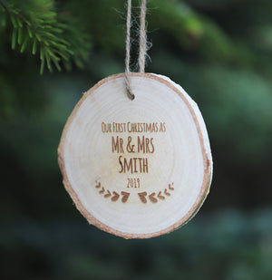 
                  
                    Personalised First Christmas Mr and Mrs Decoration - Wooden Log Slice
                  
                