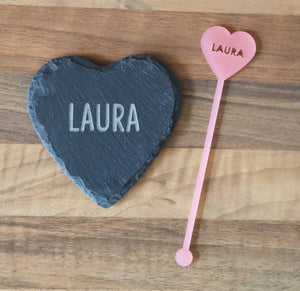 
                  
                    Personalised Heart Shaped Coaster and Drink Stirrer Gift Set
                  
                